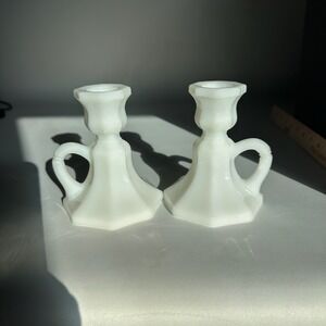 Vintage Pair of 4.5" White Milk Glass Handled Colonial Style Candlestick Holders